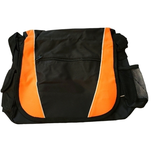 NWOT Black And Orange Messenger Bag multiple zip pockets unisex bag - Picture 1 of 16